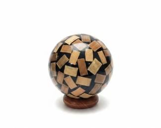 Wooden Mosaic Decorative Sphere on Base