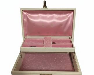 Vintage Cream Faux Leather Jewelry Box with Pink Satin Lining and Tiered Tray