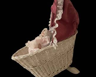 Vintage Porcelain Dolls in White Wicker Bassinet with Red Polka Dot Canopy second image
