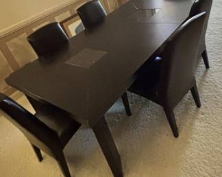 Modern Dark Wood Dining Table and Chairs Set with Inset Panels