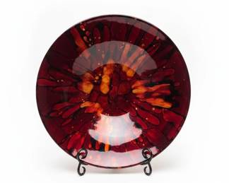 Art Glass Bowls or Plates with Abstract Red and Amber Pattern