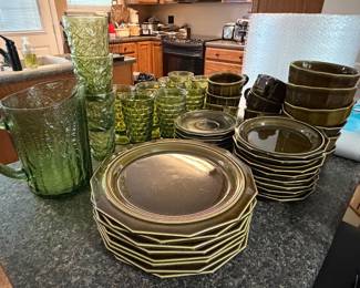 Green Pfaltzgraff stoneware, glassware