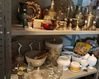 Brass, milk glass, Fire king