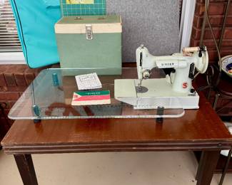 Item #70 - Singer Featherweight 221K made 1964 - table/cutting mat/wool pressing mat/acrylic extension table by Sew Steady/carrying case    $750