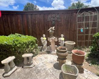 Stone Statue, Benches and Pots