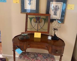 Kidney Shaped Writing Table, Bench, Stained Glass and Artwork