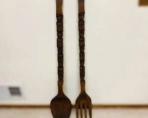 Hand-Carved Oversized Wooden Salad Serving Utensils – Folk Art Figural Spoon & Fork Set