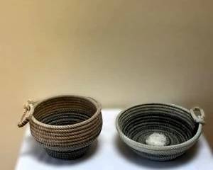 Pair of Handwoven Coiled Rope Baskets with Handles