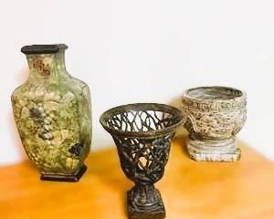 Decorative Art Pottery & Metal Home Décor Pieces – Vase, Openwork Pedestal Bowl & Carved Planter