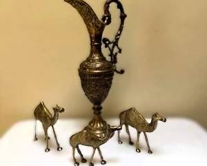 Ornate Brass Ewer Pitcher with 3 Camel Figurines Middle Eastern Decor Set