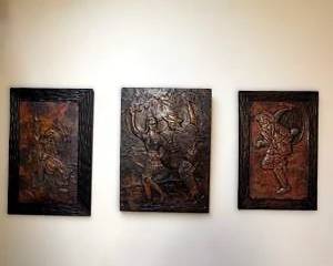 Three Embossed Copper Repoussé Wall Art Plaques, Signed Pimental Ehiletl and Chile