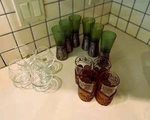 Art Glass Drinkware Collection Green Frosted Tumblers Pink Juice Glasses & Clear Stemware