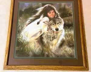 Framed Native American Maiden & Wolf Print by Maiya (1992)