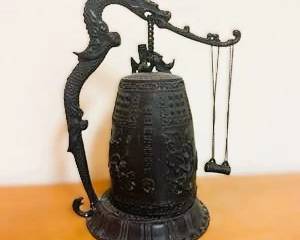 Classic Asian Cast Metal Dragon Bell Sculpture with Hanging Striker