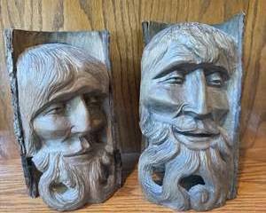 Pair of Hand-Carved Wooden Busts