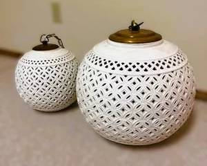 Pair of Vintage White Ceramic Hanging Pendant Lamps with Intricate Lattice Design