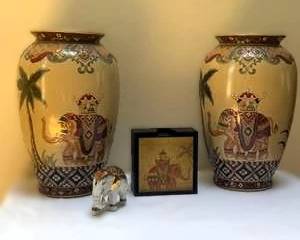 Pair of Large Asian Elephant Motif Floor Vases with Framed Artwork & Elephant Figurine