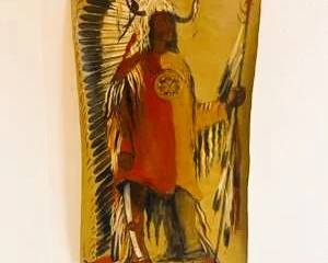 Signed Native American Portrait Painting on Canvas – “Black Moccasin Chief, Hidatsa” Gen Catlin, 1832