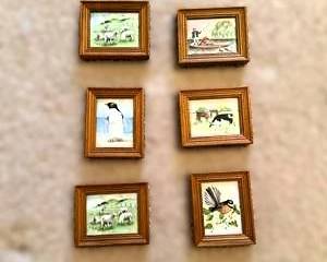 Set of 6 Signed & Framed Miniature Wildlife Prints Art – Sheep, Cows, Puffins, & More