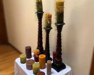 Lot of Decorative Pillar Candles with Three Tall Candle Holders