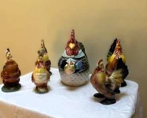 Rooster Cookie Jar & Ceramic Chicken Figurine Set