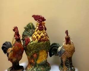 Colorful Ceramic Rooster & Hen Figurine Set