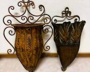 Pair of Decorative Metal Wall Pocket Sconces – Rustic Scrollwork & Leaf Motif Wall Planters