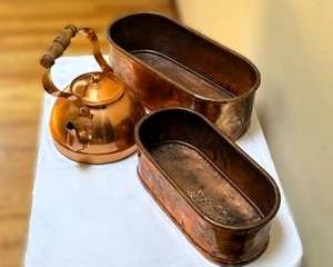 Decorative Copper Kettle and Matching Oval Planter Basket Set