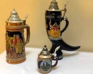 German Beer Stein – Ceramic Tavern Steins & Viking Horn Stein with Pewter Lids