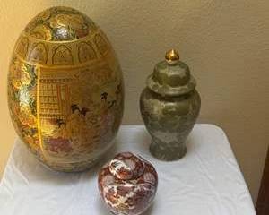 Decorative Asian-Inspired Ginger Jar, Satsuma-Style Egg & Covered Vase Lot