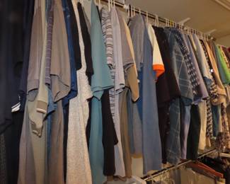 Mens polo shirts, tee shirts, dress shirts and shorts.