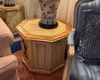 Octagonal Pedestal Side Table with Gilt Accents and Paneled Body