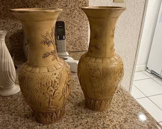 Pair of Vintage Asian Style Ceramic Vases with Embossed Figures