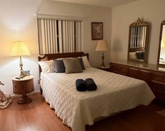 Vintage Cherry Wood Bedroom Set with Marble Accents