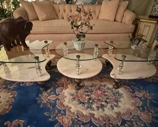 Hollywood Regency Nesting Coffee Tables with Glass and Marble Tops