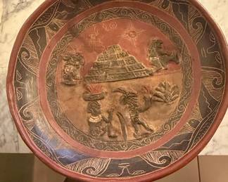 Mayan-inspired Ceramic Bowl with Pyramid Scene