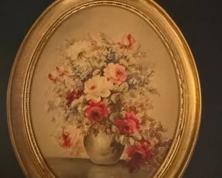 Oval Floral Still Life Print in Gilt Frame