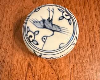 Blue and White Porcelain Lidded Box with Crane Motif