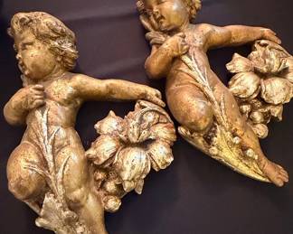 Pair of Cherub Wall Appliques with Floral Motif