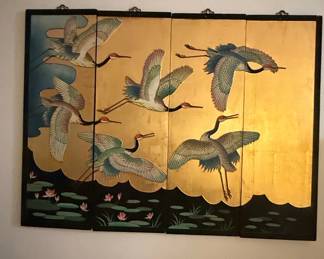 Vintage Japanese Four-Panel Folding Screen with Cranes and Lotuses