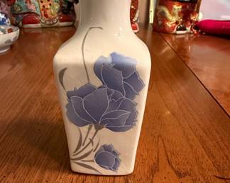 White Ceramic Vase with Blue Floral Motif - Possibly Japanese