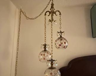 Vintage Hollywood Regency Swag Lamp with Amber and Red Glass Accents