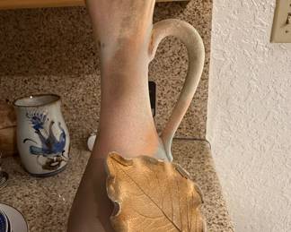 Mid-Century Ceramic Pitcher with Applied Leaf Motif
