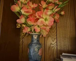 Blue Floral Ceramic Vase with Artificial Gladiolus Flowers