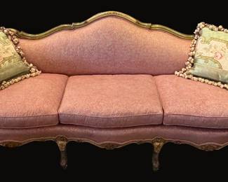 Hand Carved Venetian Sofa with Painted Wooden Frame and Rose Scalamandre Upholstery