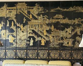 Japanese Black & Gold Lacquer 12 panel screen, circa 1980; ﻿83" x 162"