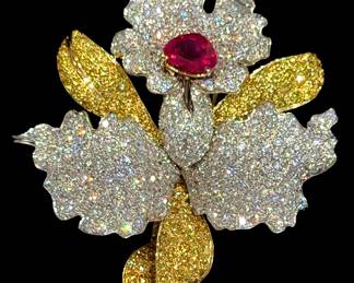 18K Ambrosi Two Toned Ruby and Diamond Flower Brooch, weight 15.77grams, 5.07ctw ruby, 2.41ctw diamond