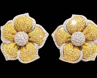 Ambrosi Design, Italy, 18K Flower White & Yellow Diamond Earrings