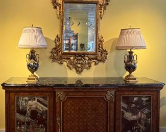 Marble Top Console Table with ﻿Carved Hard Stone Panel & Marquetry Doors