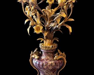 Pair Antique Carved Marble & Gilt Bronze Candelabras with Lily & Tulip Motif